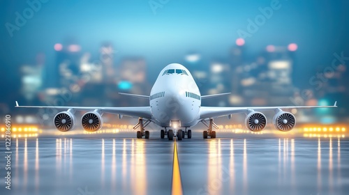White airplane poised for takeoff on runway with cityscape backdrop, a journey begins