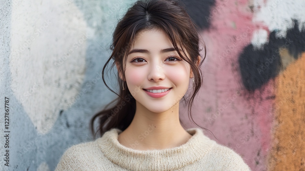close up woman face portrait with calm and optimistic vibes, smiling young Japanese woman at city street close up woman face portrait with calm and optimistic vibes, smiling young Japanese woman at city street
