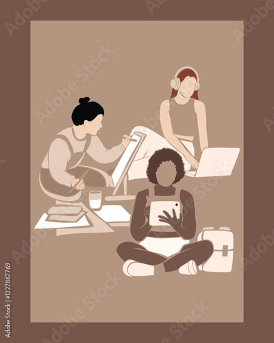 Modern poster illustration featuring a group of diverse women engaging in creative activities, such as designing and digital work, symbolizing innovation, collaboration, and artistic expression.