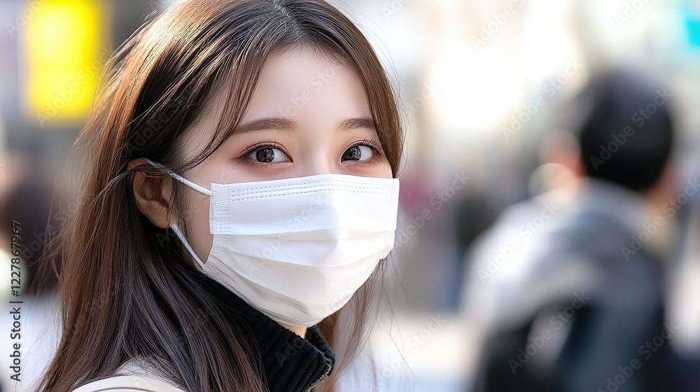 close up woman face portrait with calm and optimistic vibes, smiling young Japanese woman at city street wearing facemask close up woman face portrait with calm and optimistic vibes, smiling young Japanese woman at city street wearing facemask
