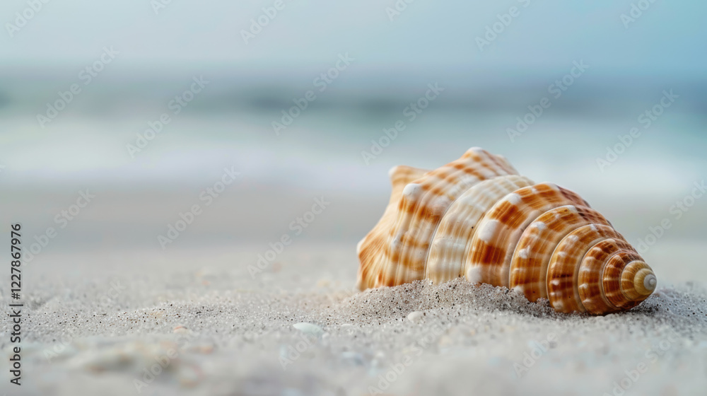 A seashell lies on a sandy beach, with the ocean in the background. A seashell lies on a sandy beach, with the ocean in the background.