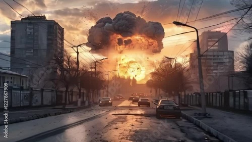 Extensive scary nuclear explosion in outdoor, mushroom cloud