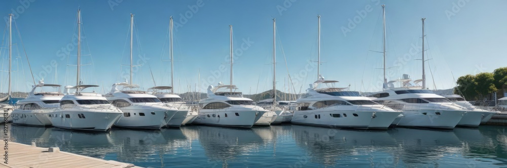 Serene port scene with white yachts moored under a clear blue sky, peaceful, serene Serene port scene with white yachts moored under a clear blue sky, peaceful, serene