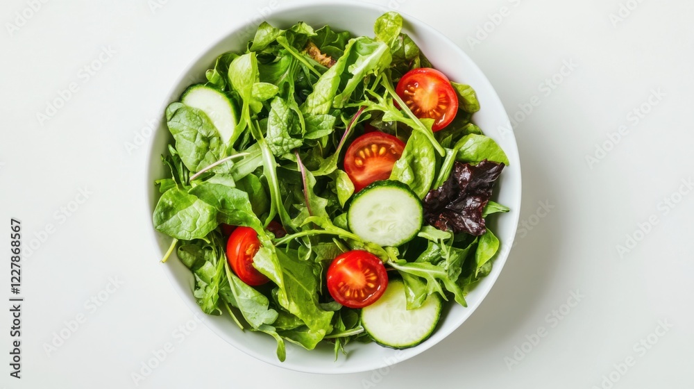A fresh and vibrant green salad with mixed greens, cherry tomatoes, cucumbers A fresh and vibrant green salad with mixed greens, cherry tomatoes, cucumbers