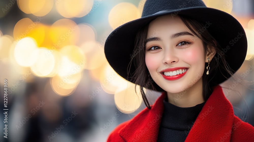 close up woman face portrait with calm and optimistic vibes, smiling young Japanese woman at city street with bokeh light close up woman face portrait with calm and optimistic vibes, smiling young Japanese woman at city street with bokeh light