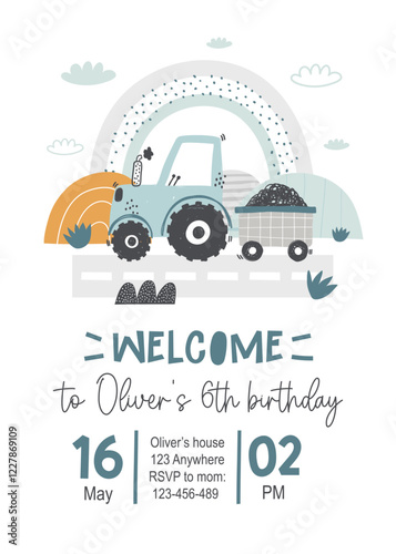Vector invitation template for kid's birthday party with construction truck, rainbow, mountains. Cute cartoon building cars, transportation. Invitation design. Baby boy. Tractor. Newborn.