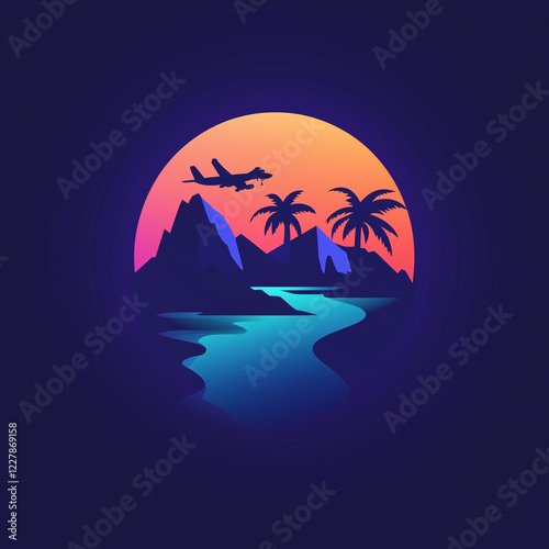 Tropical Sunset with Airplane, Mountains, River, and Palm Trees