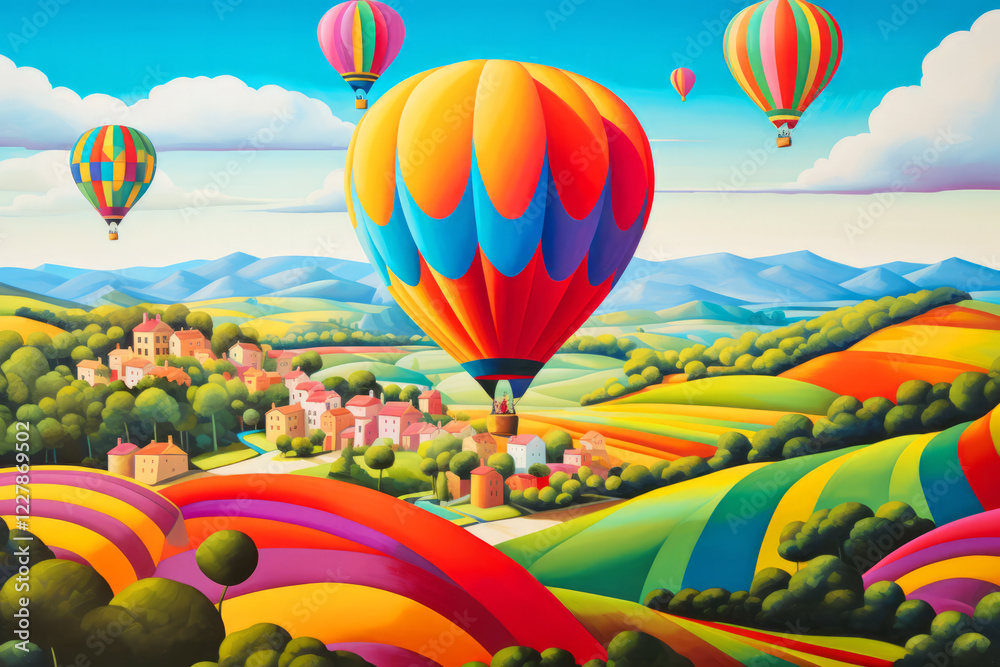Fototapeta premium Air Ballon Countryside Concept Abstract Colorful Scenery Painting