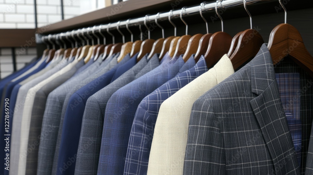A collection of expertly tailored suits proudly showcased on sleek hangers inside a contemporary boutique, featuring a stunning array of shades and textures A collection of expertly tailored suits proudly showcased on sleek hangers inside a contemporary boutique, featuring a stunning array of shades and textures