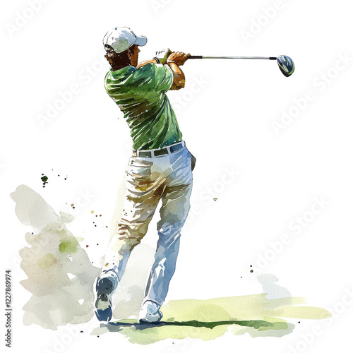 Golfer in action powerful swing green shirt watercolor art,