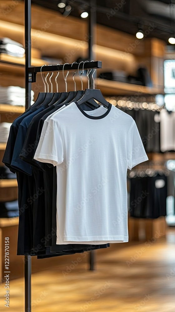 Stylish shirts displayed on hangers in a modern retail store with wooden shelves in the background during daylight hours Stylish shirts displayed on hangers in a modern retail store with wooden shelves in the background during daylight hours