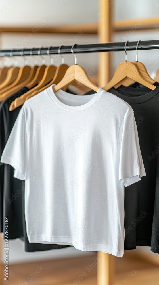 Display of neatly hung plain white and black t-shirts in a modern retail setting highlighting minimalist design and casual wear Display of neatly hung plain white and black t-shirts in a modern retail setting highlighting minimalist design and casual wear