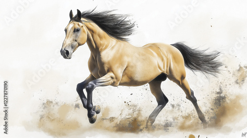 A digital illustration depicts a tan horse with a black mane and tail,