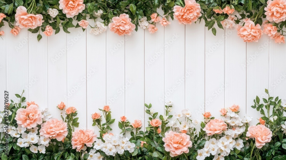 Naklejka premium Explore charming spring decor ideas featuring a stunning floral arrangement of peach and white flowers set against a rustic wooden backdrop