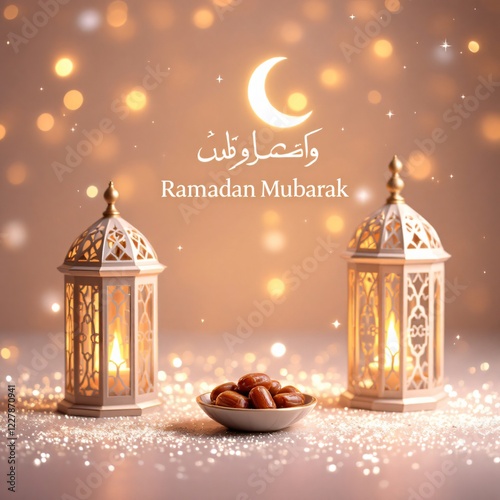 A festive Ramadan Mubarak greeting featuring two elegant white lanterns, lit candles, and a small bowl of dates photo