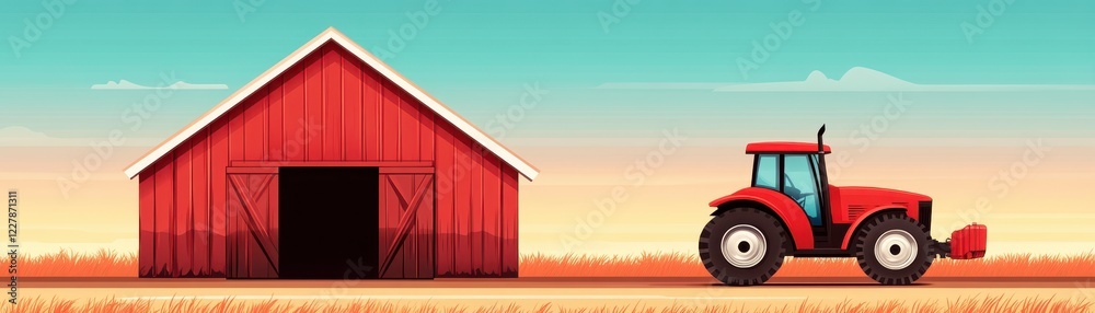 Red tractor and barn, symbol of farming rural life in the countryside red Red tractor and barn, symbol of farming rural life in the countryside red