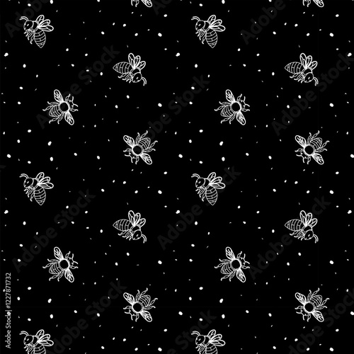 Pattern with white bees.Vector seamless pattern with white outline bees on a black background.