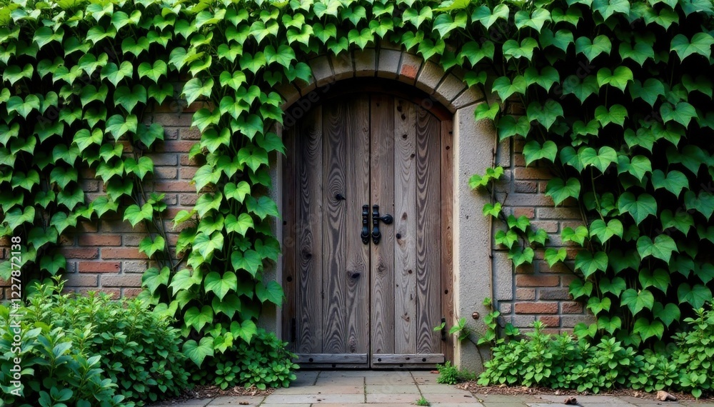 Intricate ivy vines wrapped around a wooden door frame , foliage patterns, trellis patterns