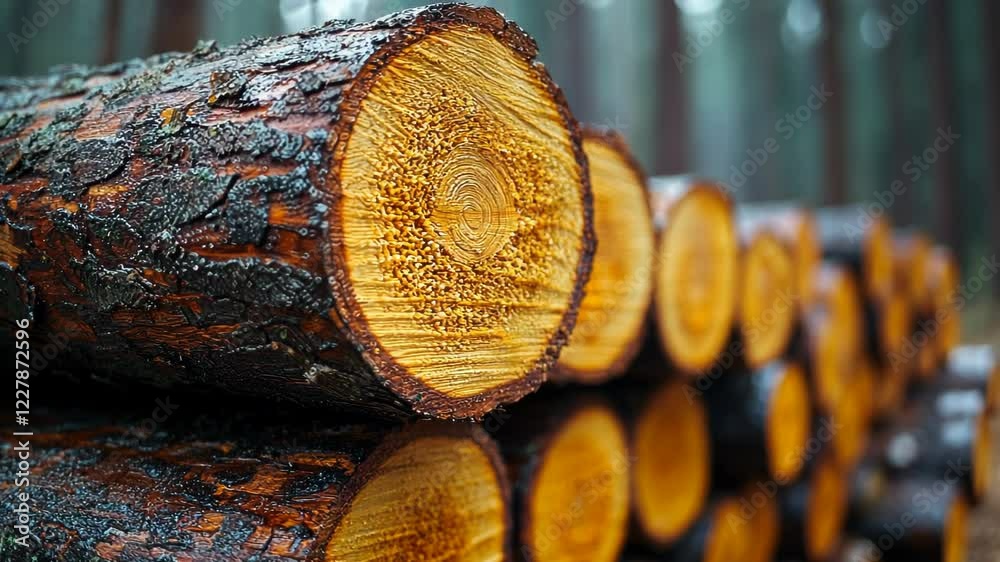 Close-up of freshly cut logs stacked in a serene forest setting