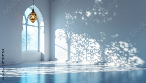 A serene and inviting interior  likely a mosque or home  showcasing a beautiful arched window and intricate patterned shadow cast on a light-gray wall