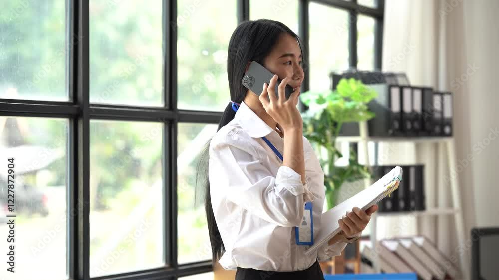 Businesswoman on the Phone: A confident and professional young businesswoman, holding a tablet and speaking on her phone, stands near a large window in a modern office. The image evokes efficiency. Businesswoman on the Phone: A confident and professional young businesswoman, holding a tablet and speaking on her phone, stands near a large window in a modern office. The image evokes efficiency.