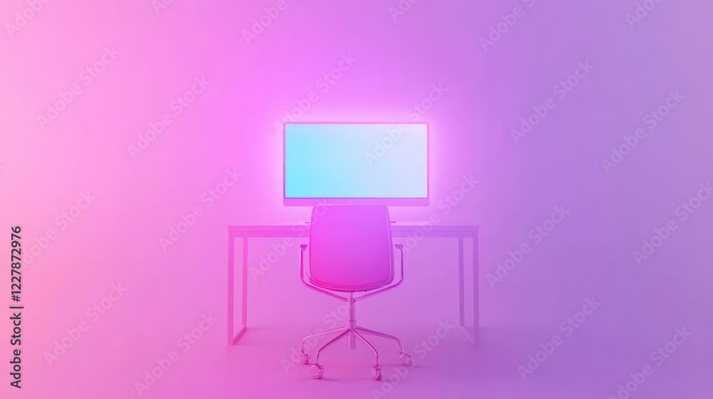 Minimalist Office Setup With Glowing Computer Screen Minimalist Office Setup With Glowing Computer Screen