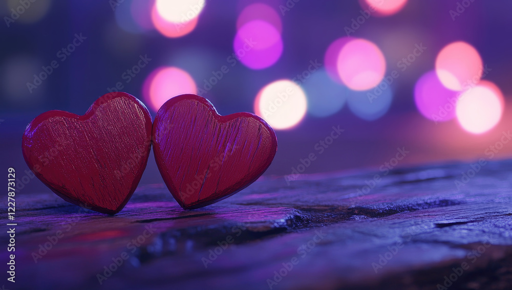 Fototapeta premium 3D Two Red Wooden Hearts on a Rustic Table with Purple and Pink Bokeh Lights – Valentine’s Day Banner with Copy Space
