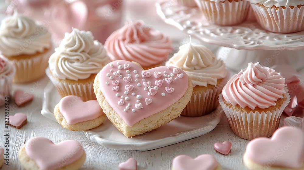 Heart Shaped Cookies And Cupcakes Displayed On A White Surface With Soft Focus Background. Heart Shaped Cookies And Cupcakes Displayed On A White Surface With Soft Focus Background.
