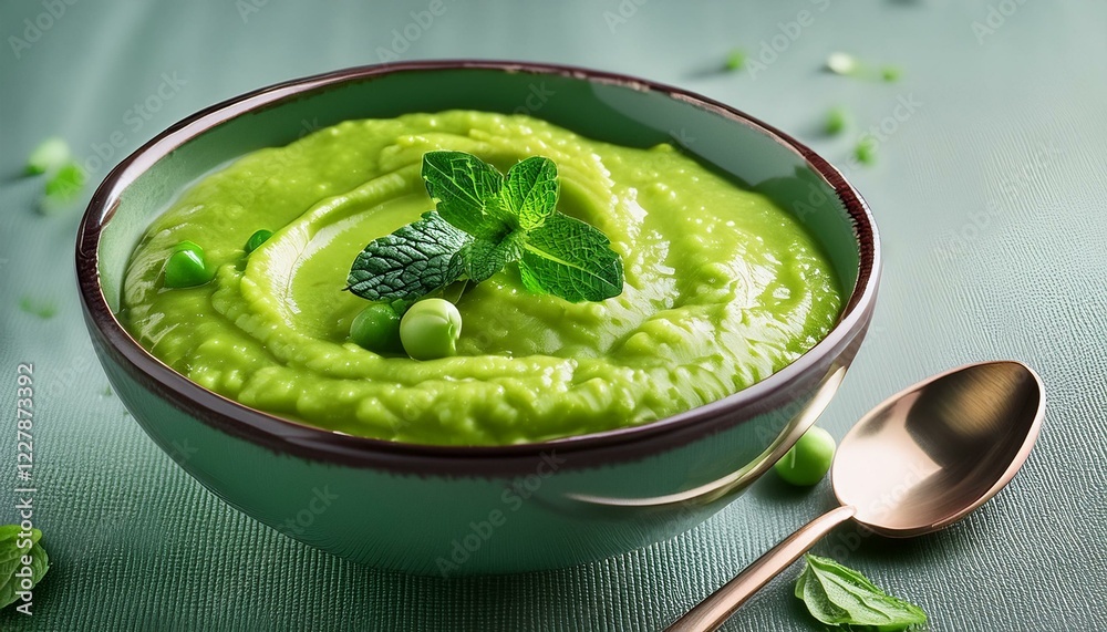 vibrant bowl of green pea puree garnished with fresh mint leaves showcasing creamy texture and rich color perfect for healthy meal vibrant bowl of green pea puree garnished with fresh mint leaves showcasing creamy texture and rich color perfect for healthy meal