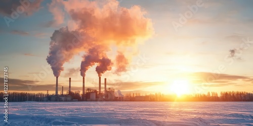 Air pollution pm 2.5 concept. A factory emits smoke into the sky at sunrise, silhouetted against a cold, snowy landscape, highlighting the contrast between industry and nature. photo