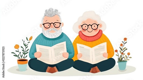Elderly Friendship & Community retirement happiness Elderly Hobbies & Creativity Elderly couple reading books together happily.