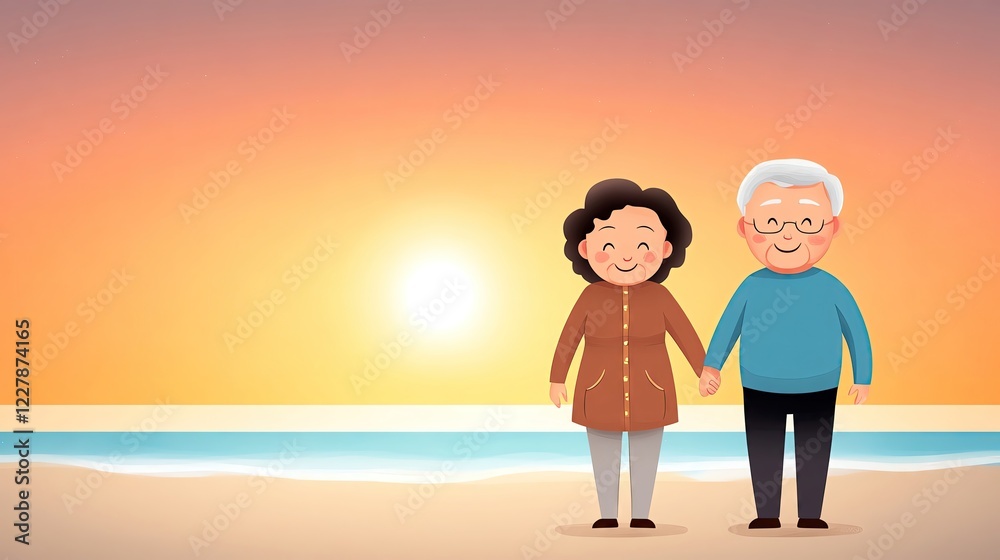 Fototapeta premium Elderly Friendship & Community retirement happiness Elderly Hobbies & Creativity Elderly couple walking on the beach at sunset.