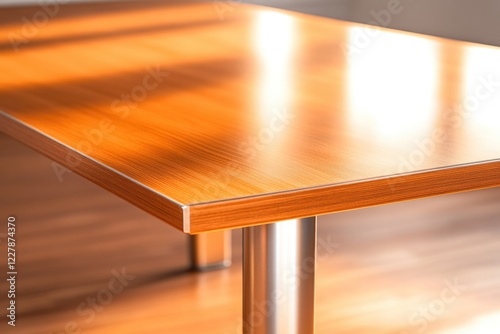 close-up of modern extendable dining table with sleek metallic legs and glossy wooden surface under bright light photo