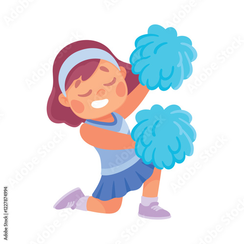 Little Girl In Cheerleader Uniform Cheering with Pompoms Vector Illustration