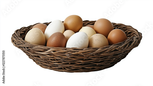 A woven basket holds many eggs of varying colors and patterns