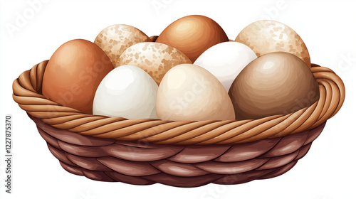 A woven basket holds many eggs of varying colors and patterns