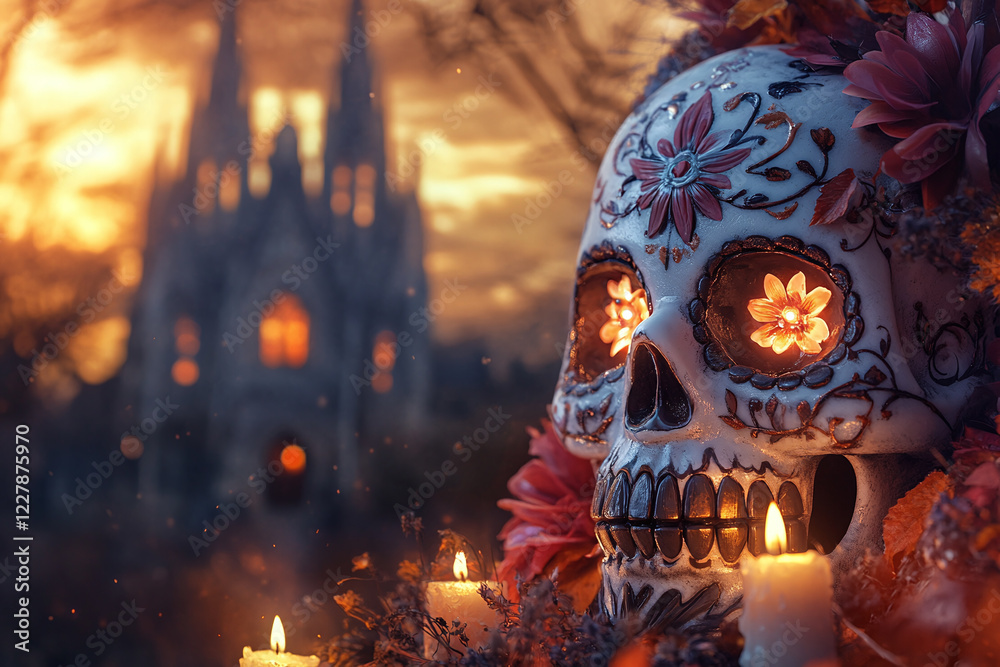 Fototapeta premium Spooky Halloween Night with Glowing Jack-O’-Lanterns, Full Moon, Haunted Graveyard, and Flying Bats in a Chilling Fantasy Horror Scene