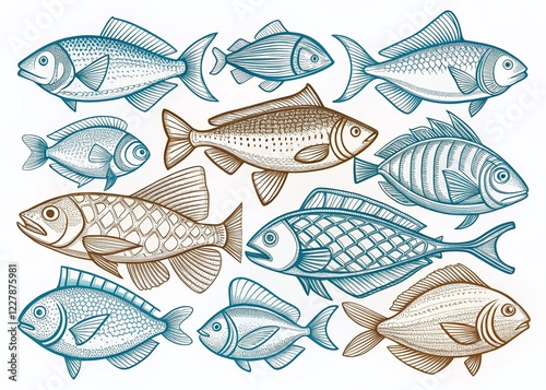 Elegant Line Art Fish Collection: Seafood Menu Design, Culinary Illustration photo