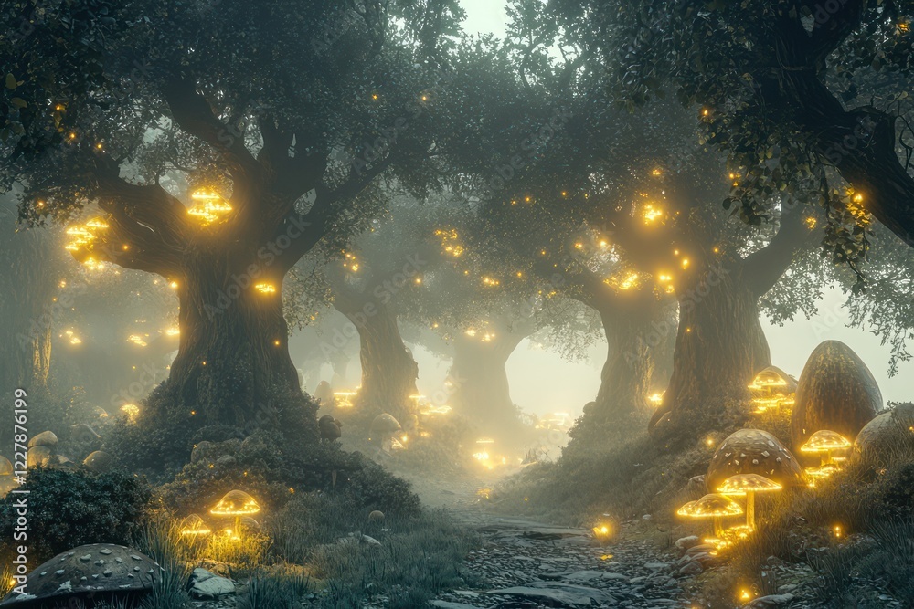 Obraz premium A mystical fog-shrouded forest with glowing mushrooms, ancient trees, and faint golden light illuminating the scene