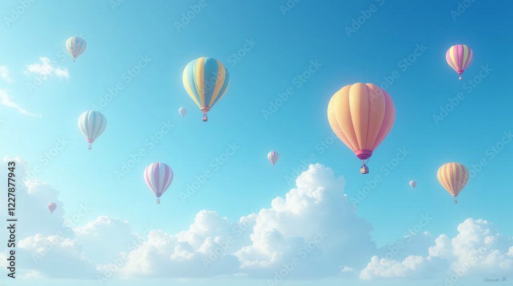 Fototapeta premium A bright blue sky with fluffy white clouds and several colorful hot air balloons floating peacefully