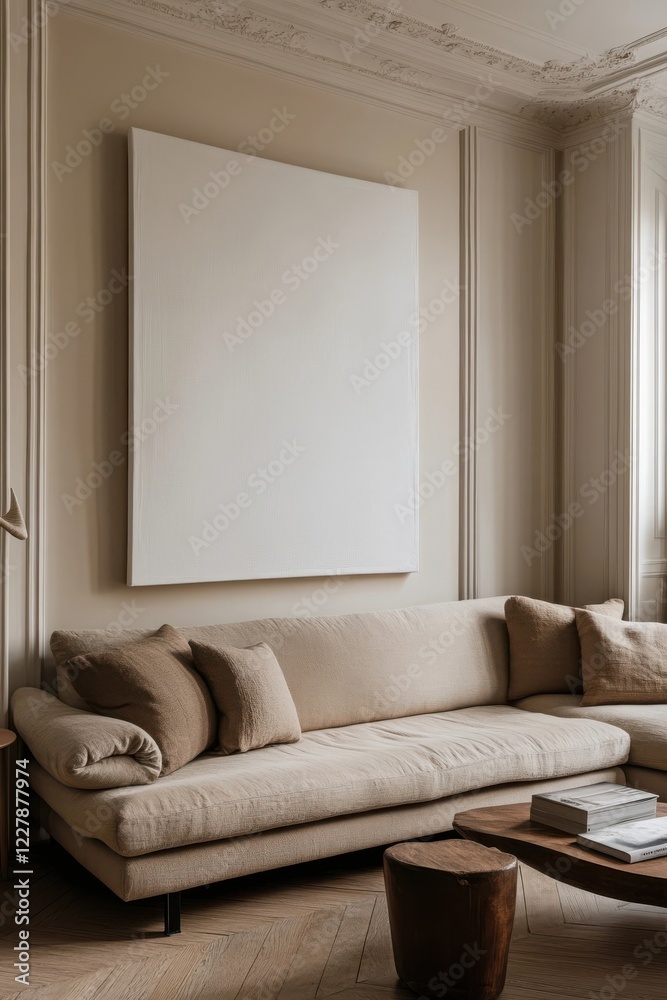 Fototapeta premium Modern living room interior designed in a minimalist aesthetic with a blank frame for mockup.