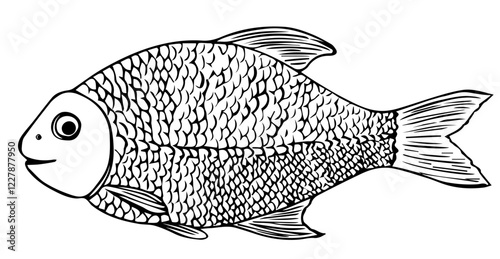 Fish drawn by hand. Bream or crucian carp.  Vector stock illustration. isolated on white background. 
