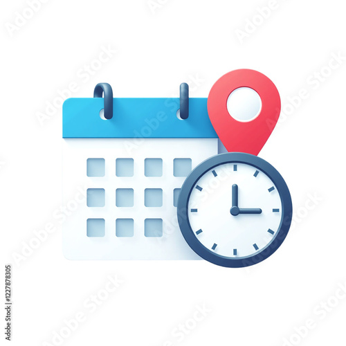 Flat date time location symbol, calendar clock and address icon, meeting and reminder vector graphic