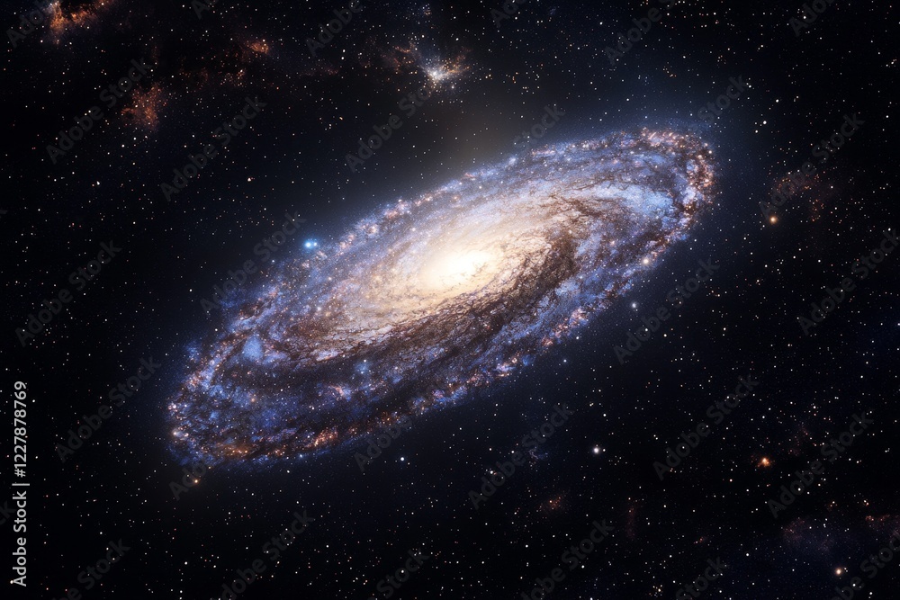 Spiral galaxy in space with bright center and extending spiral arms filled with stars Spiral galaxy in space with bright center and extending spiral arms filled with stars