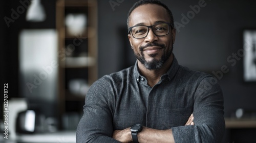 A confident, smiling African-American entrepreneur in a modern office, standing with arms crossed, exuding professionalism and success. photo