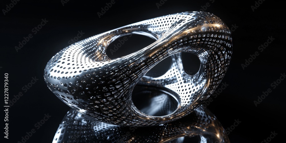 Obraz premium Intricate metallic toroidal sculpture with perforated surface reflecting on glossy black surface