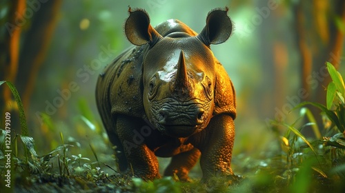 A close up view of a rhino in the dense jungle with vibrant lighting and textures photo