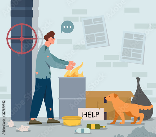 Homeless man warms hands over fire in barrel beside dog and help sign. Urban background with trash, bags, and wall posters. Concept of poverty. Vector illustration