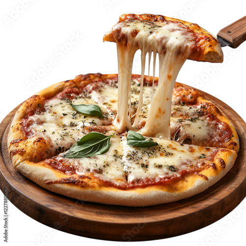 Freshly baked pizza with melted cheese and toppings on transparent background