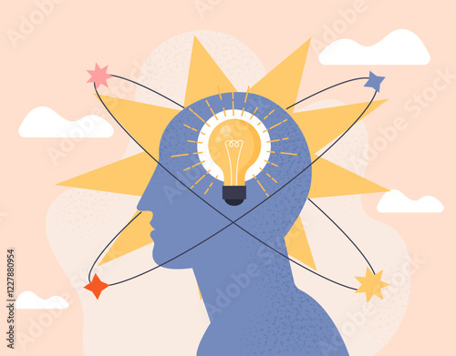Abstract silhouette of a human head with a light bulb inside, orbiting stars, and a sunburst. Soft pastel background. Concept of creativity, innovation. Vector illustration